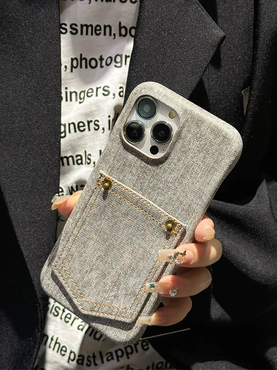 Denim iPhone Case Stitched Pocket Soft Lining Blue