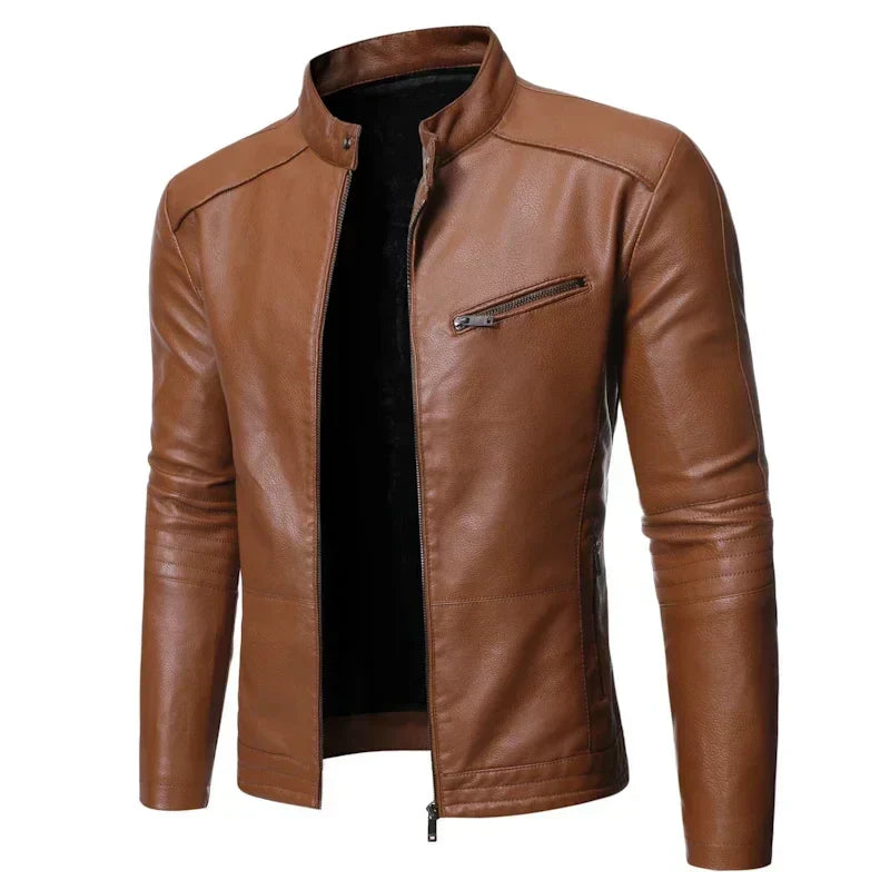 Men's PU Leather Jacket Slim Fit Zippered Lightweight Black