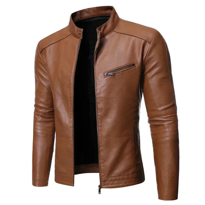 Men's PU Leather Jacket Slim Fit Zippered Lightweight Black