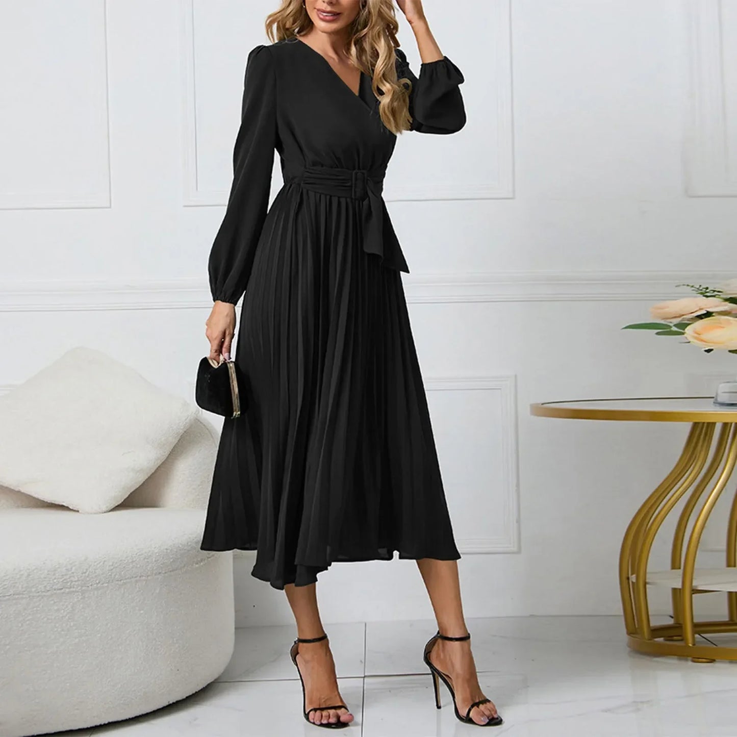 Pretty Midi Dress with Waist Sash