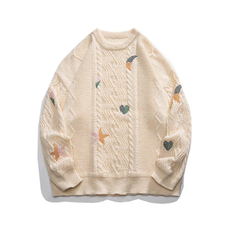 Men's Embroidered Sweater Heavyweight Knit Crew Neck Relaxed Fit
