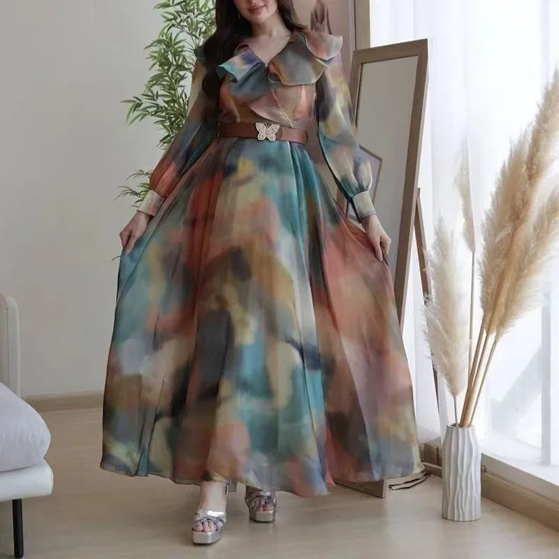 Elegant Long Sleeve Women's Maxi Dress Floral Print