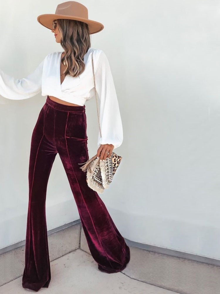 Ladies' Elegant High Waist Velvet Flare Pants