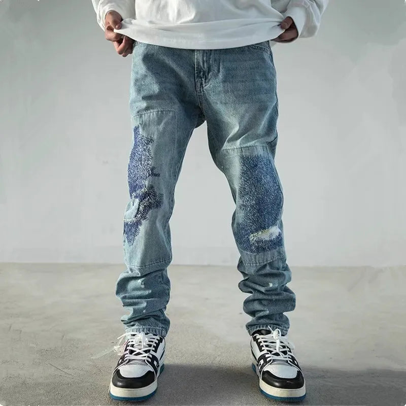 Men's Embroidered Denim Jeans Distressed Heavyweight Blue - OutfitLondon