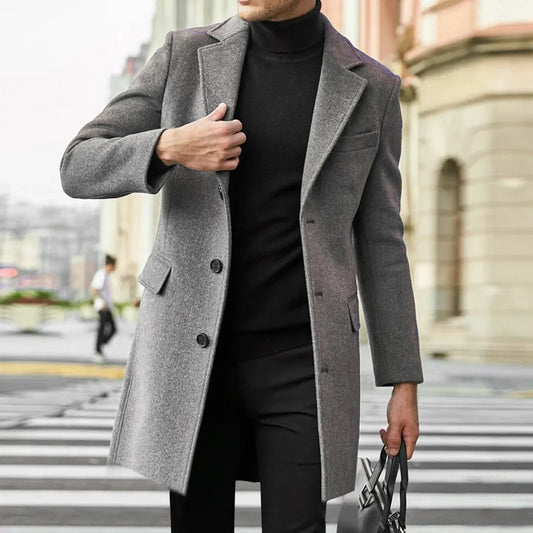 Men's Wool Coat Tailored Fit Classic Lapel Collar Black - OutfitLondon