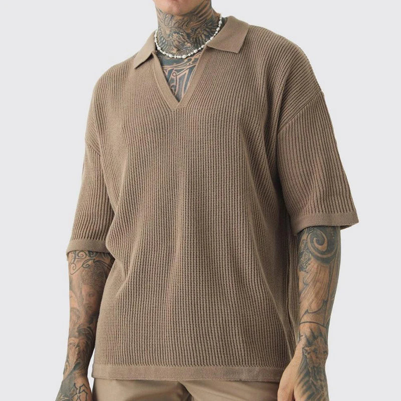 Men's Organic Cotton Polo Shirt Deep V Neck Relaxed Fit - OutfitLondon