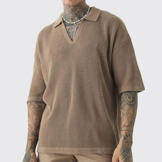 Men's Organic Cotton Polo Shirt Deep V Neck Relaxed Fit - OutfitLondon