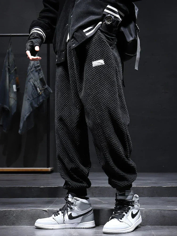 Mens Corduroy Joggers Waffle Texture Relaxed Fit Elastic Waist