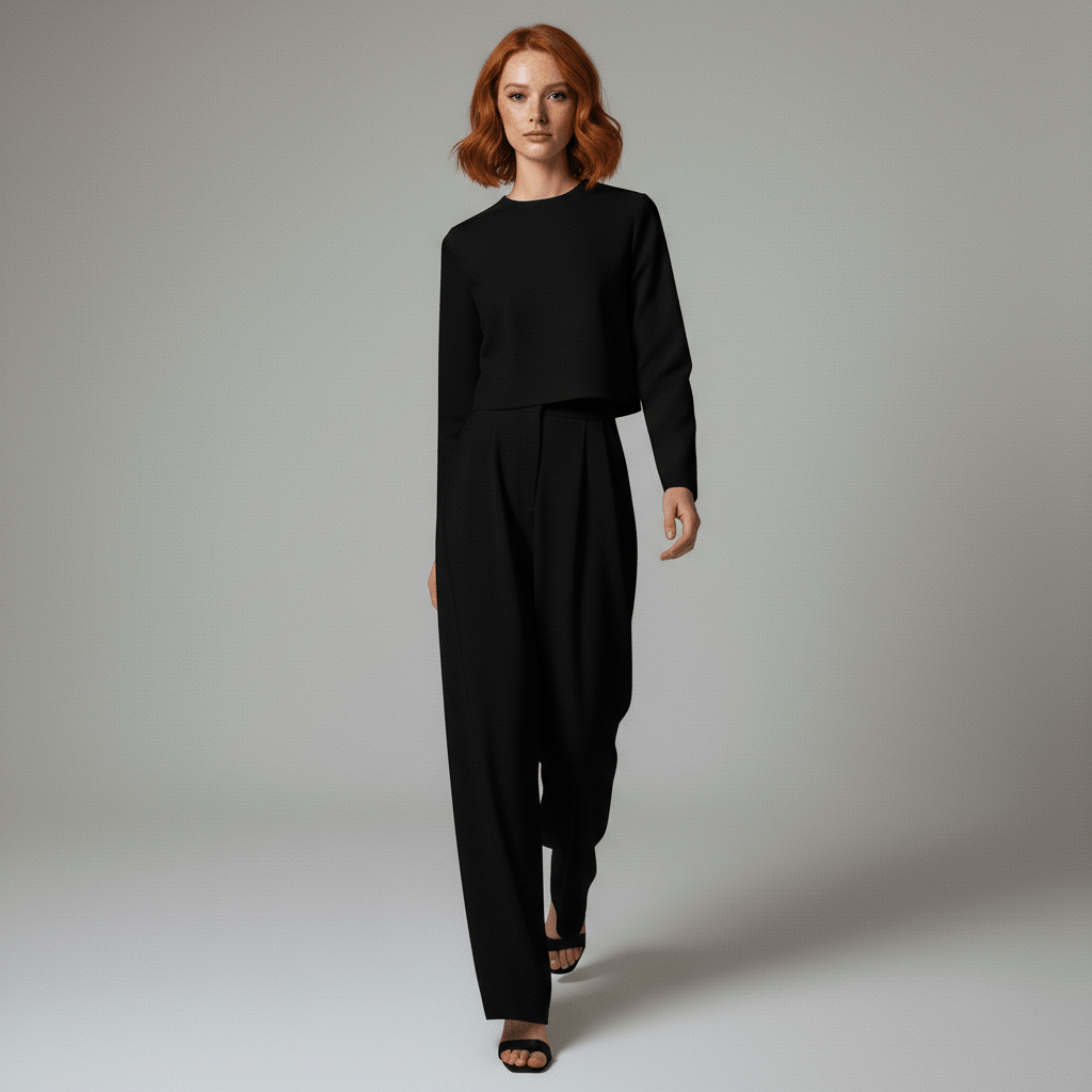 Casual Long Sleeve Crop Top and Palazzo Pants Set - OutfitLondon