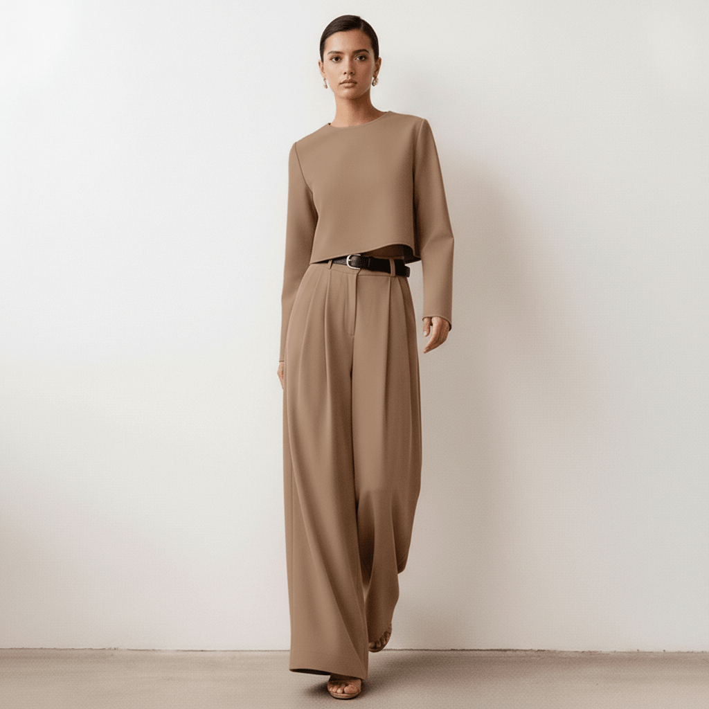 Casual Long Sleeve Crop Top and Palazzo Pants Set