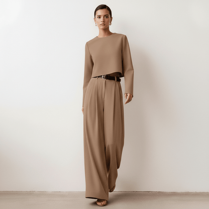 Casual Long Sleeve Crop Top and Palazzo Pants Set