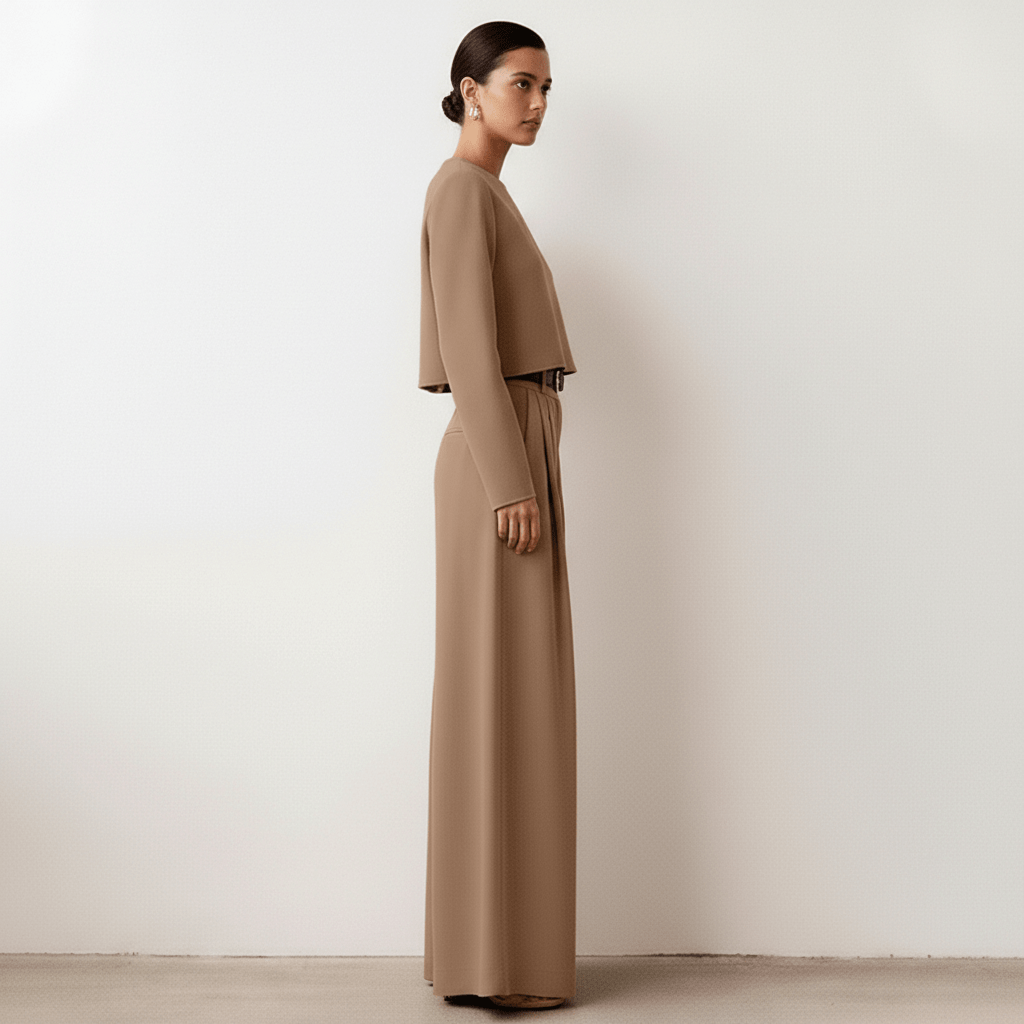 Casual Long Sleeve Crop Top and Palazzo Pants Set