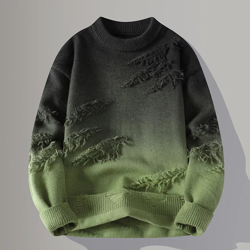 Men's Gradient Knit Sweater Ombre Fade Distressed