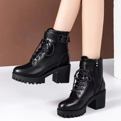 Soft Women's Ankle Boots Waterproof Low Heel Lace Up Shoes - OutfitLondon