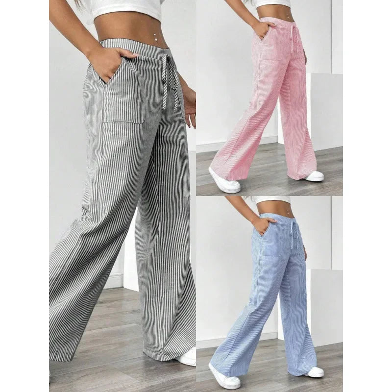 Soft Wide Leg High Waist Stripe Trousers - OutfitLondon