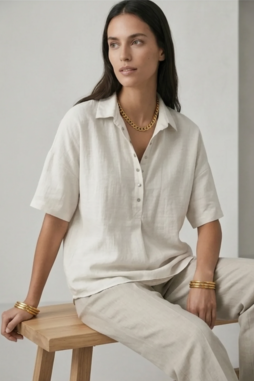 Women's Classic Cotton Short Sleeve Button Blouse