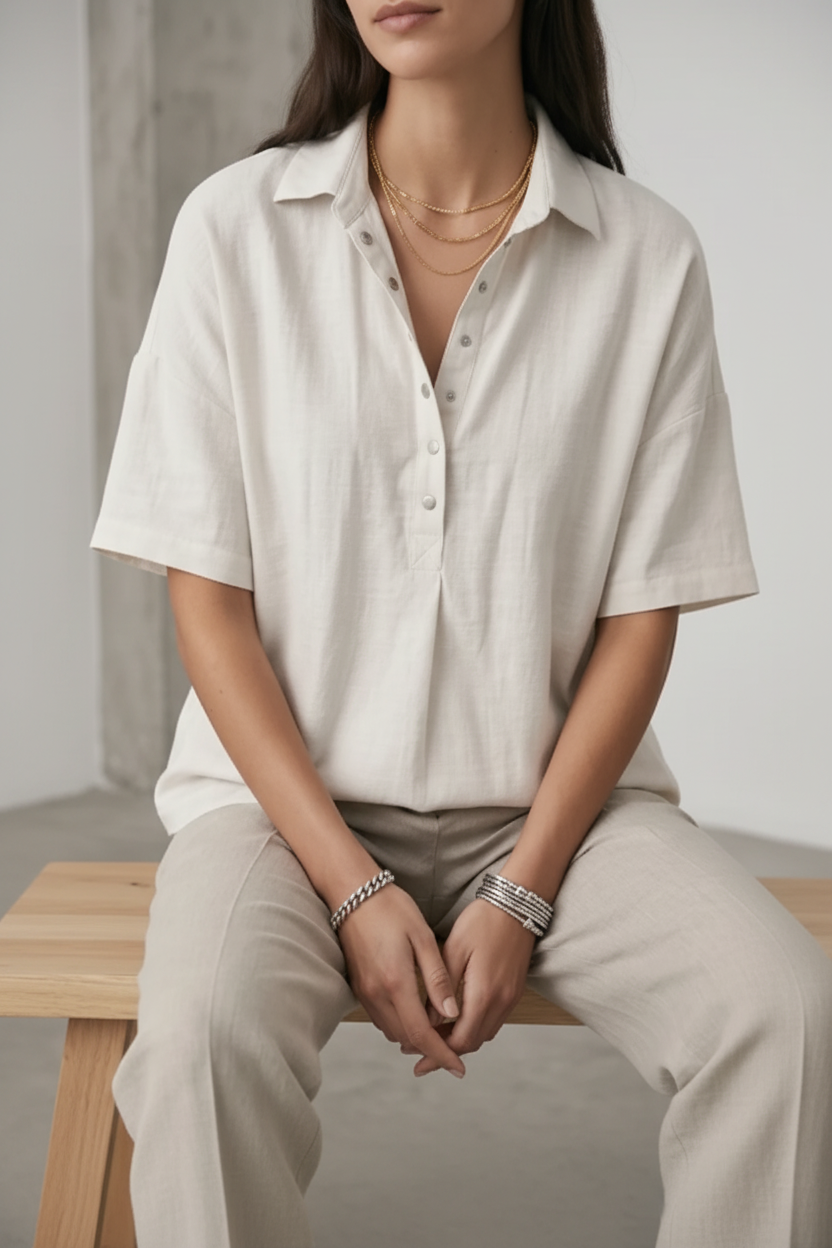 Women's Classic Cotton Short Sleeve Button Blouse