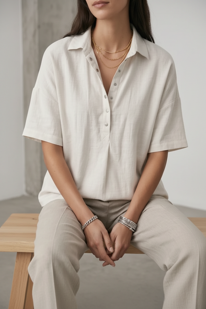 Women's Classic Cotton Short Sleeve Button Blouse