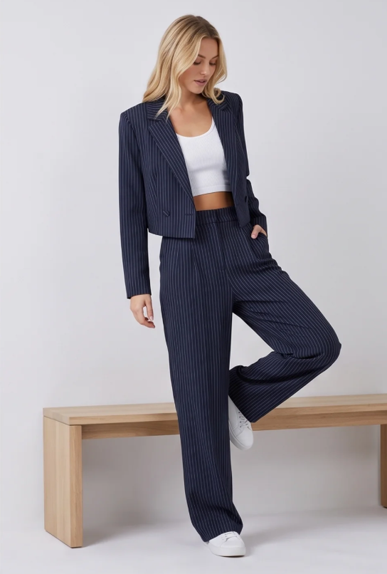 Women's Casual Striped Cotton Suit Set with Cropped Top and Pants