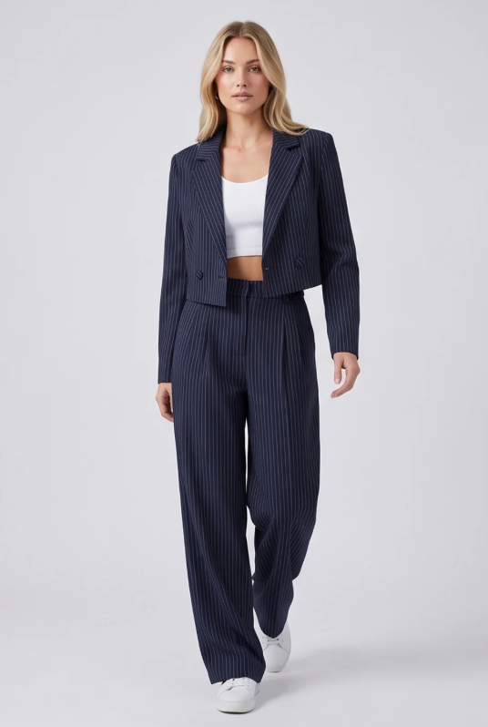 Women's Casual Striped Cotton Suit Set with Cropped Top and Pants