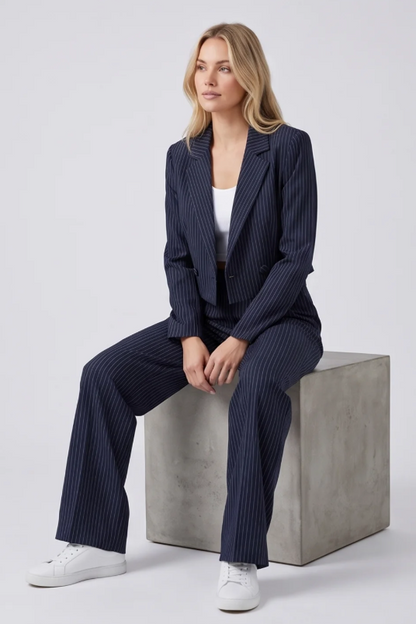 Women's Casual Striped Cotton Suit Set with Cropped Top and Pants