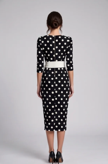 Women's Elegant Polka-Dot Belted Bodycon Dress