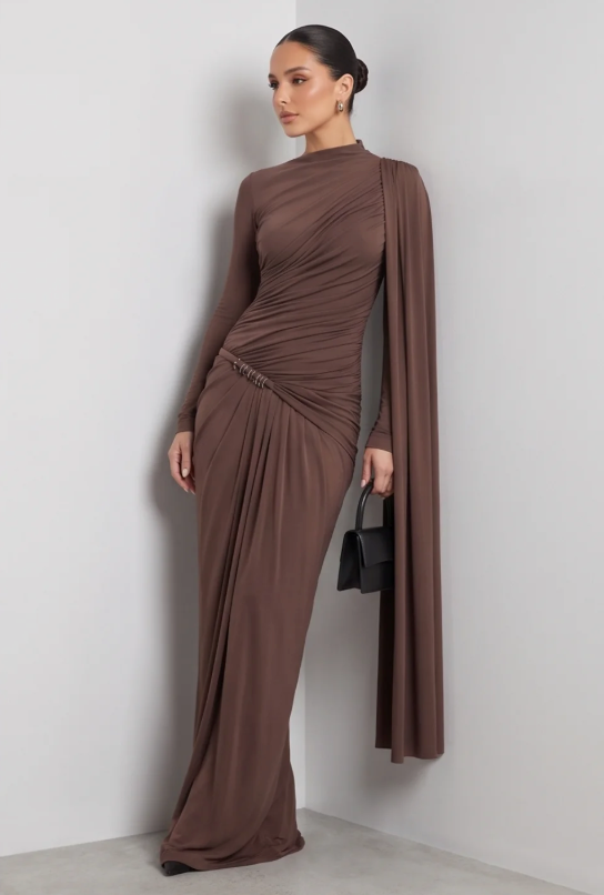 Women's Slim Fit Long Sleeve Pleated Formal Dress