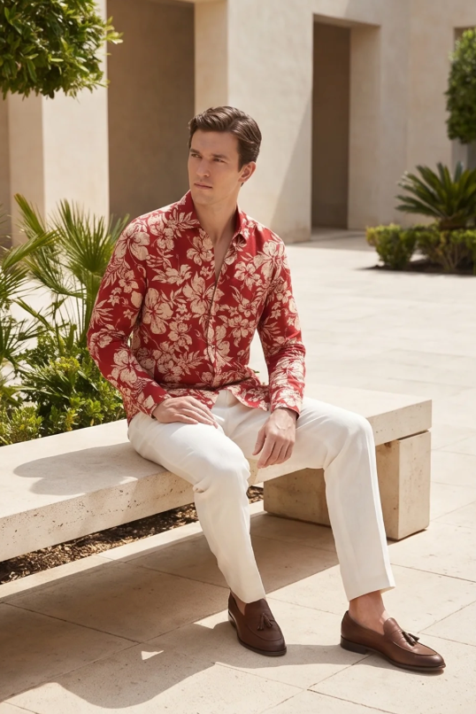 Men's Casual Floral Print Slim Fit Cotton Shirt