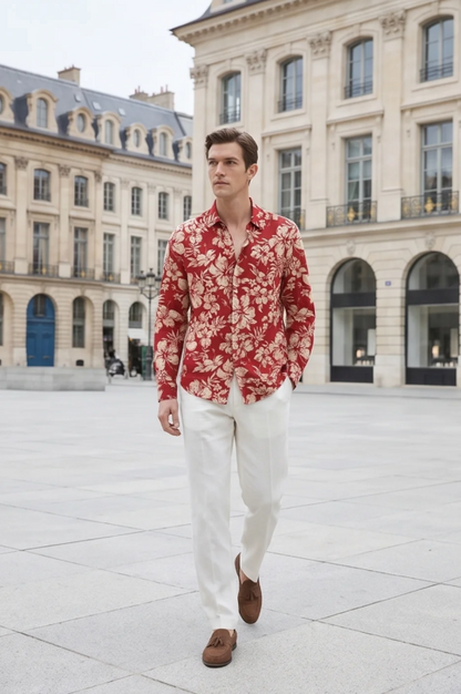 Men's Casual Floral Print Slim Fit Cotton Shirt