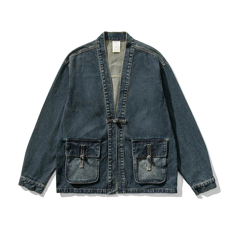 Men's Denim Kimono Jacket Wide Sleeves Large Pockets
