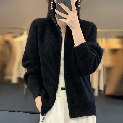 Cozy Pure Wool Zipper Women's Cardigan Sweater