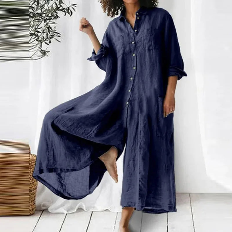 Elegant Women's Casual Summer Linen Button Dress - OutfitLondon