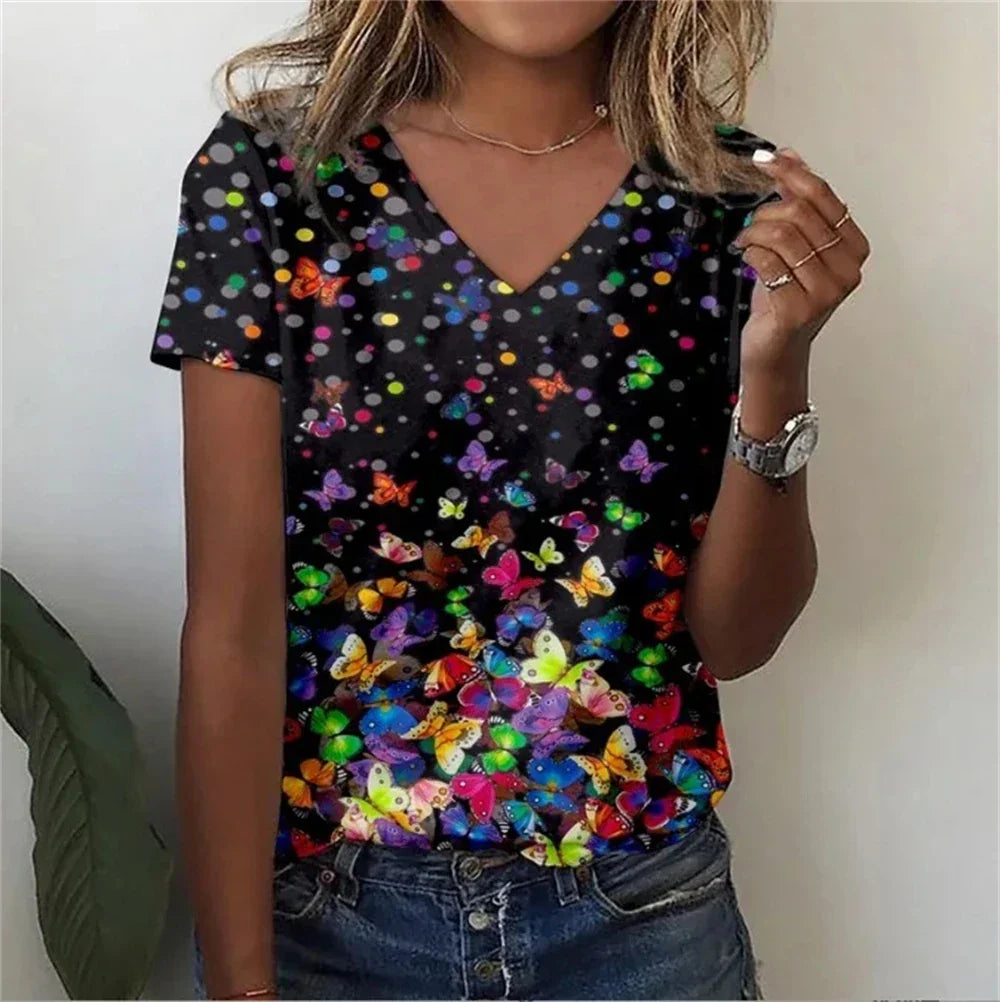 Relaxed Fit Women's Floral V-Neck Tee Shirt