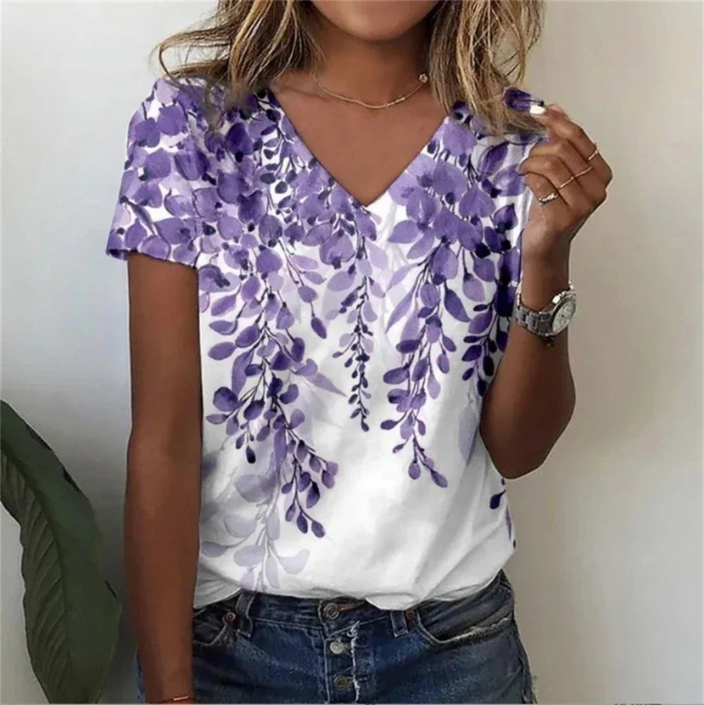 Relaxed Fit Women's Floral V-Neck Tee Shirt