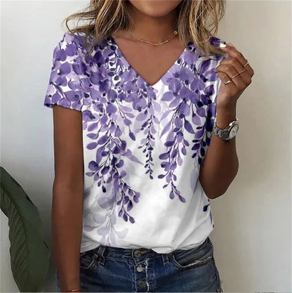 Relaxed Fit Women's Floral V-Neck Tee Shirt