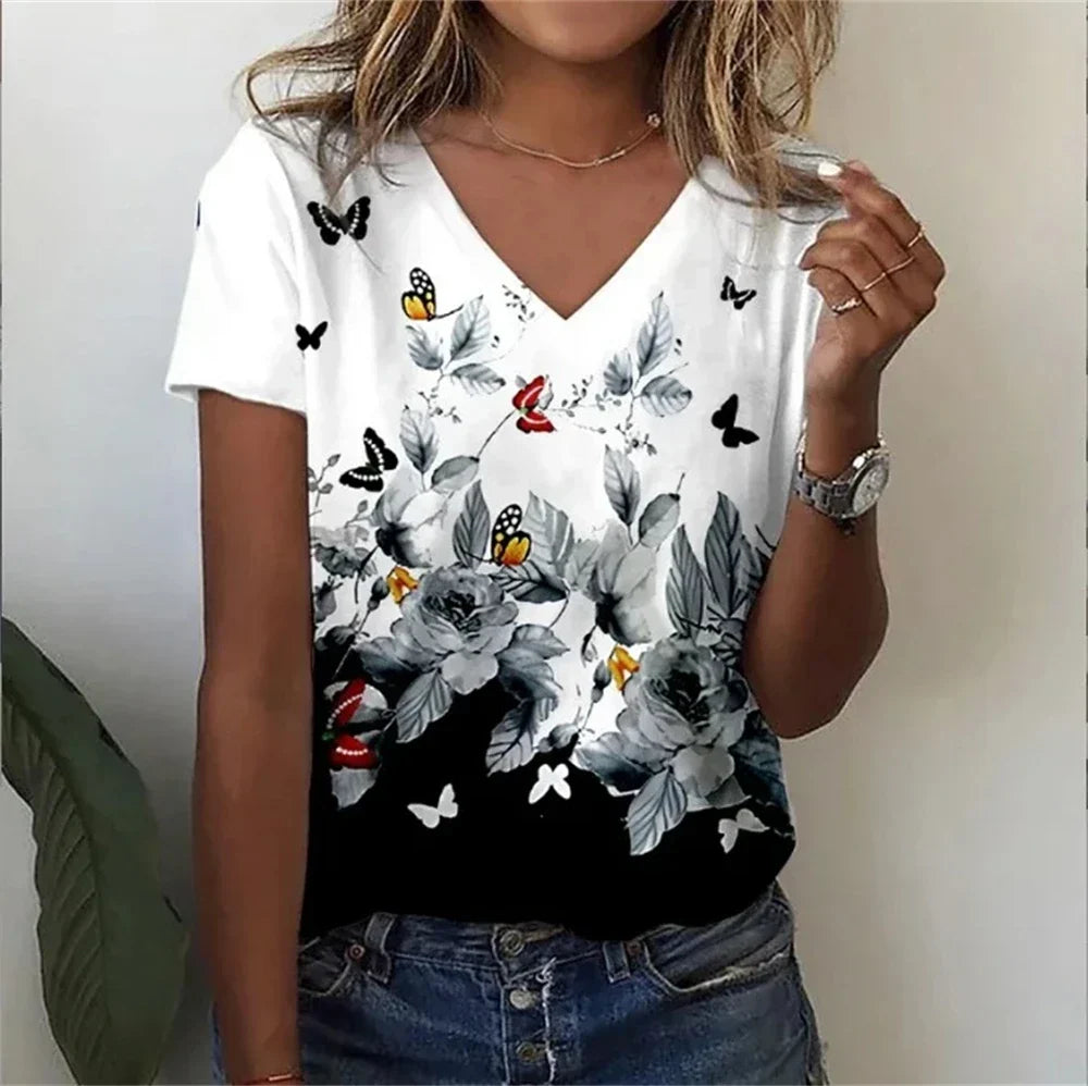 Relaxed Fit Women's Floral V-Neck Tee Shirt