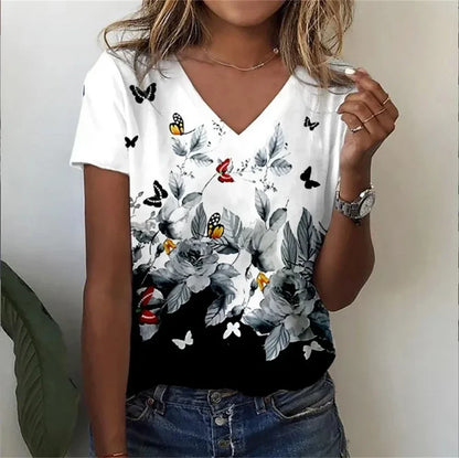 Relaxed Fit Women's Floral V-Neck Tee Shirt