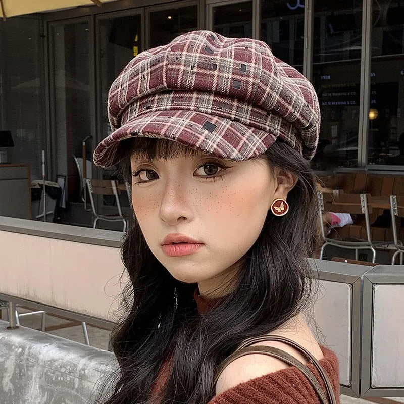 Warm Plaid Winter Beanie Hat for Women