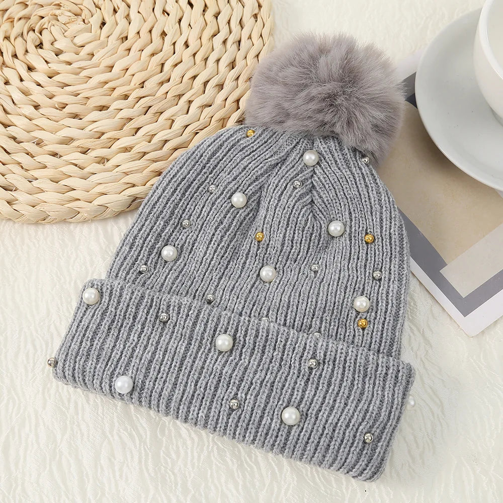 Fuzzy Knit Snow Pom Pom Beanie