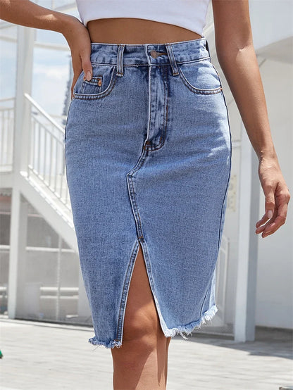 Relaxed Fit Mid Length Blue Jeans Skirt