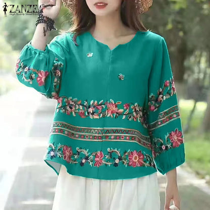 Vintage Style V Neck Bell Sleeve Blouse