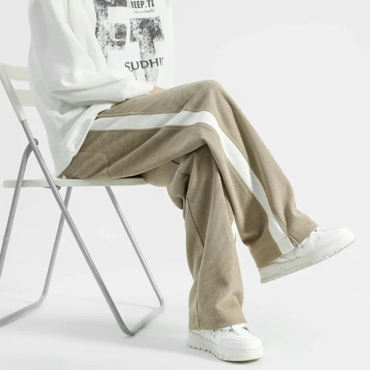 Men's Corduroy Wide Leg Joggers High Rise Velvet Drawstring Waist - OutfitLondon