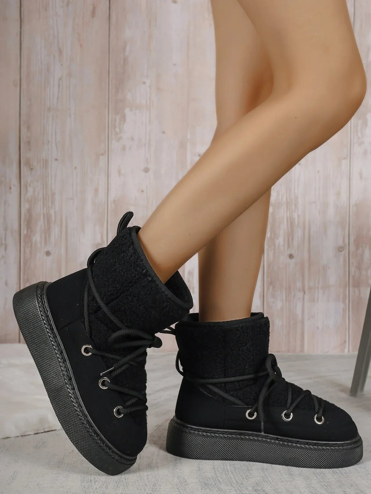 Warm Women's Fuzzy Winter Boots - Lace Up Design