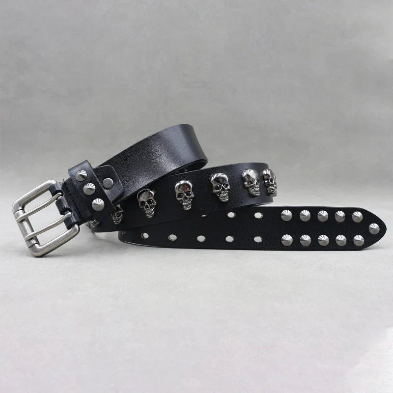 Men's Studded Leather Belt Adjustable Silver Skull Buckle Black - OutfitLondon