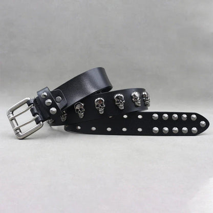 Men's Studded Leather Belt Adjustable Silver Skull Buckle Black - OutfitLondon