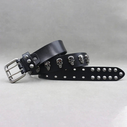 Men's Studded Leather Belt Adjustable Silver Skull Buckle Black - OutfitLondon