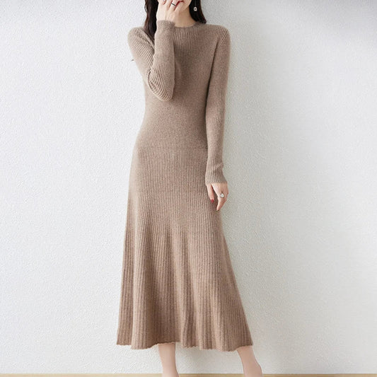 Women's Long-Sleeved Wool Dress - OutfitLondon