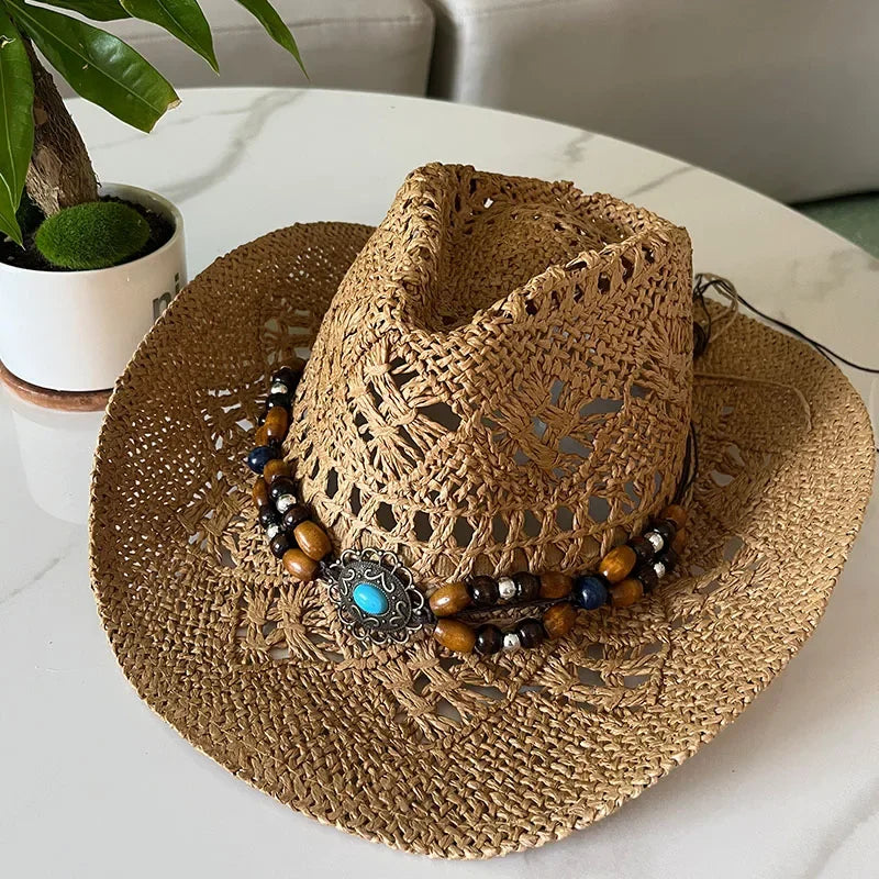 Classic Western Hat with Earthy Brown Beads - OutfitLondon