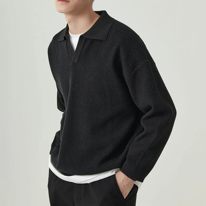 Men's Wool Blend Polo Knit Sweater Relaxed Fit Soft