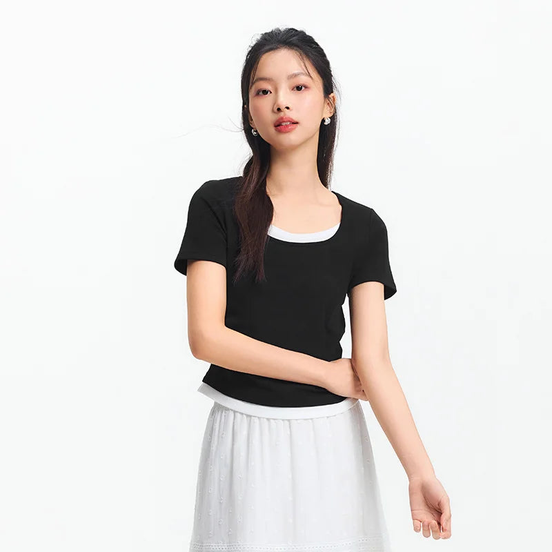 Trendy Fake Crop Top - Slim Fit V Neck T-Shirt
